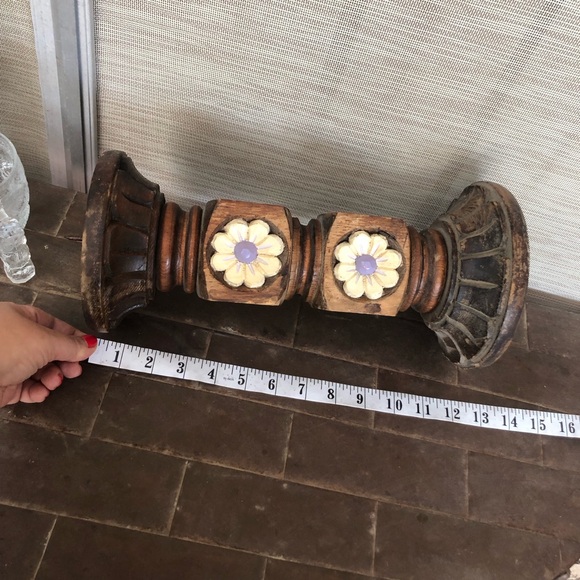 Vintage Carved Wood Floral Distressed Rustic Boho Candle Holder - Picture 7 of 9
